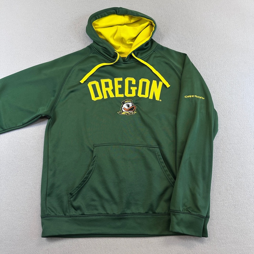 Oregon Ducks Hoodie Mens M Green Yellow Mascot Embroidered Performance Pullover